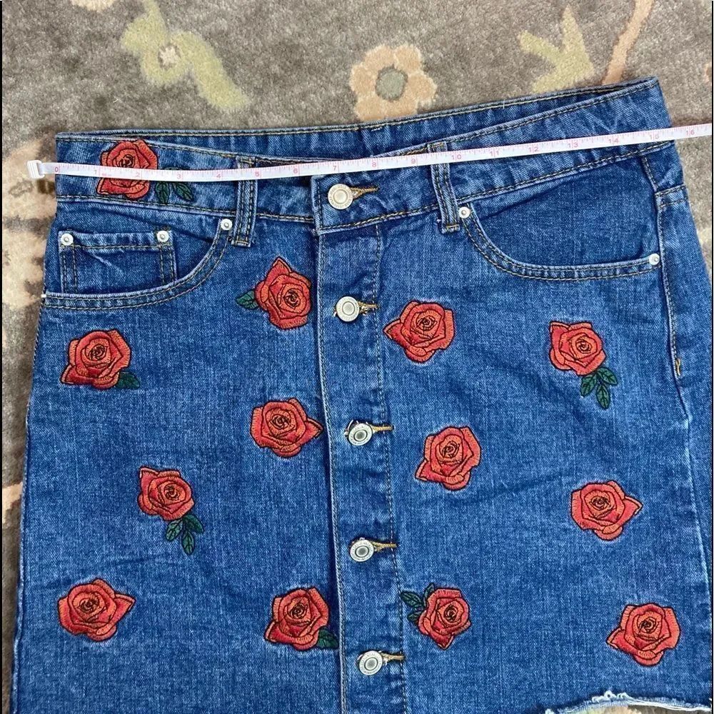 Denim Distressed Rose Embroidered Button Down Skirt - Picture 11 of 15